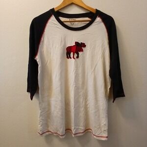 Lazy One T-Shirt Womens Off White XL Black Red Plaid Moose Lounge Top 3/4 Sleeve